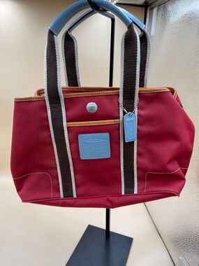 Coach Red Hampton Mini Tote with Blue Leather Trim and Brown Straps  Y2K Era